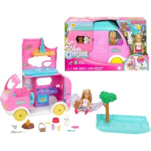 Mattel Barbie Chelsea 2-in-1 Camper Playset With Chelsea Small Doll, 2 Pets and Accessories For Kids | 3+ Years.