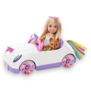 Mattel Barbie Club Chelsea Doll with Open-Top Rainbow Unicorn-Themed Car | Include Pet Puppy, Sticker Sheet and Accessories For Kids | 3+ Years.