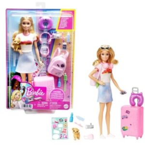 Mattel Barbie Doll and Accessories | ?Malibu? Travel Set with Puppy and 10+ Pieces Including Working Suitcase?.
