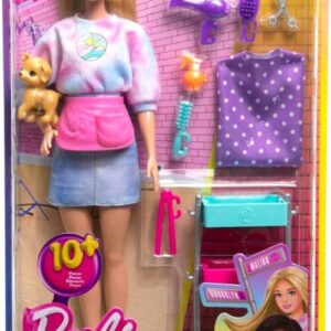 Mattel Barbie Malibu Stylist Doll and 14 Accessories Playset | Hair and Makeup Theme with Puppy and Styling Cart.