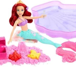 Mattel Disney Princess Ariel Mermaid Doll and Pool Set with Moldable Sand | 3 Sand Molds, Beach Towel and 5 Accessories for Kids.