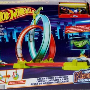 Mattel Hot Neon Speeders Track Set | Laser Stunt Slamway with 1 Hot Wheels Car, Tri-Colored Track, Connects to Other Sets, Easy Storage For Kids | 4+ Years.