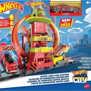 Mattel Hot Wheels City with 1 Toy Car | Kid-Powered Elevator, Water-Like Ramp, Track-Play Features, Connects to Other Sets | Fire Station with Super Loop For Kids.