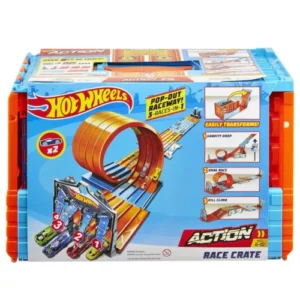 Mattel Hot Wheels Race Crate with 3 Stunts in 1 Set Portable Storage for Kids.