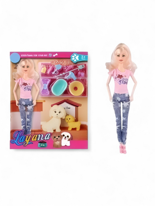 Baby Pink - Barbie Doll House Playset with Dogs| Barbie Inspired Petsito Doll with 2 Puppies & Grooming Accessories | Fun Girl Toy Gift LMI12737.