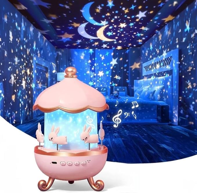 Rotating Cabin Star Projector Lamp for Kids & Baby | 12 Film Night Light Projector with Soothing Music & Rotation
