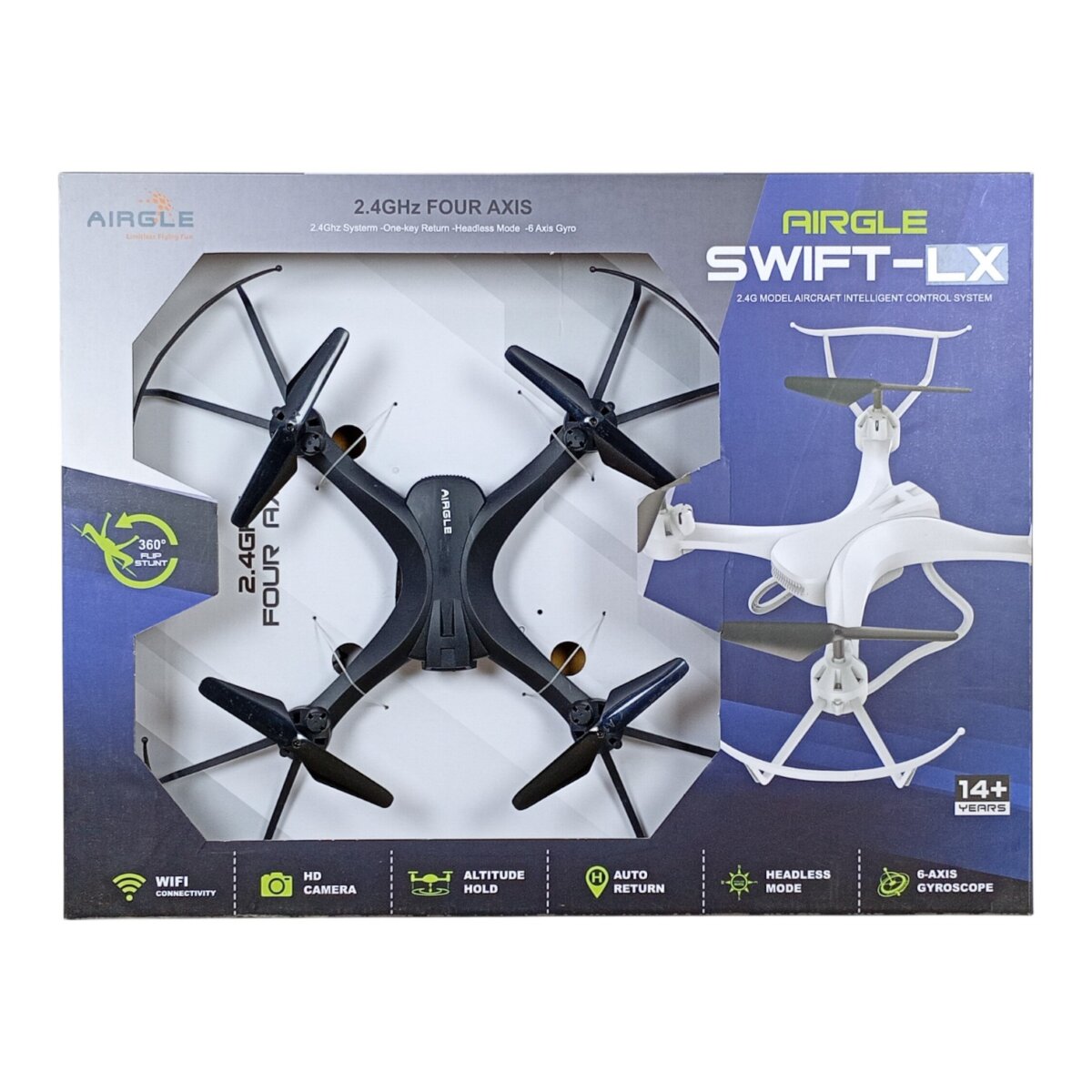 Airgle Swift-LX 2.4GHz Four Axis Drone | Intelligent Control System with WiFi HD Camera, Altitude Hold, Auto Return, Headless Mode, and 6-Axis Gyroscope | 14+Years