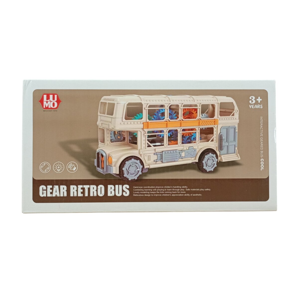 Battery Operated Double Decker Gear Retro Bus Toy with Light and Music | Interactive Bus for Kids | 3+ Years