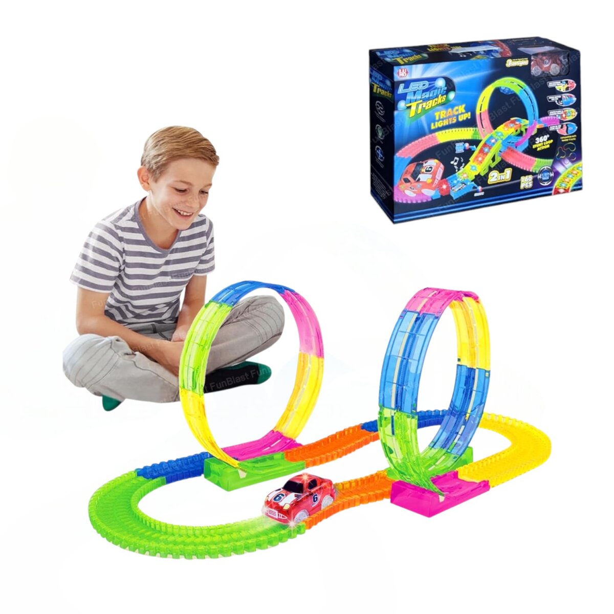 2 in 1 Magic Tracks Glow in The Dark Track Set Toy | Ultimate Bendable Twister Track with LED Lights And Racing Car for Kids (3+ Years)
