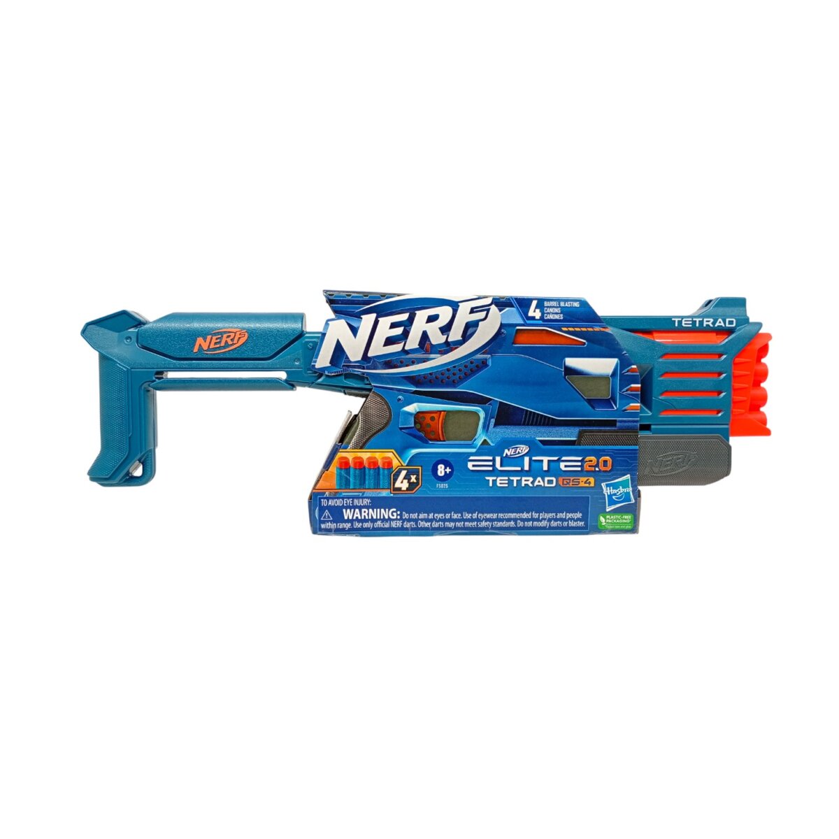 Hasbro Nerf Elite 2.0 Tetrad QS-4 Blaster Gun For Kids | 4 Elite Foam Soft Darts and 4-Barrel Blasting Tactical Rail for Customizing Capability Toy | 8+Years