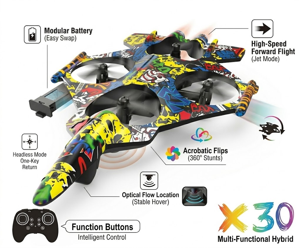 X30 Graffiti Jet Drone – High-Speed Hybrid Stunt Quadcopter with Optical Flow & Modular Battery - Image 3